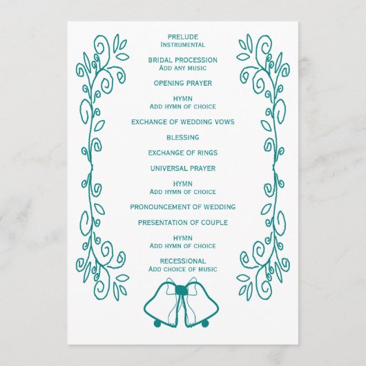 Blauwgroen Bells Scrollwork Ontwerp Wedding Programmakaart (Achterkant)