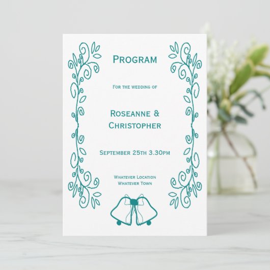 Blauwgroen Bells Scrollwork Ontwerp Wedding Programmakaart (Staand voorkant)