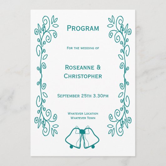 Blauwgroen Bells Scrollwork Ontwerp Wedding Programmakaart (Voorkant)