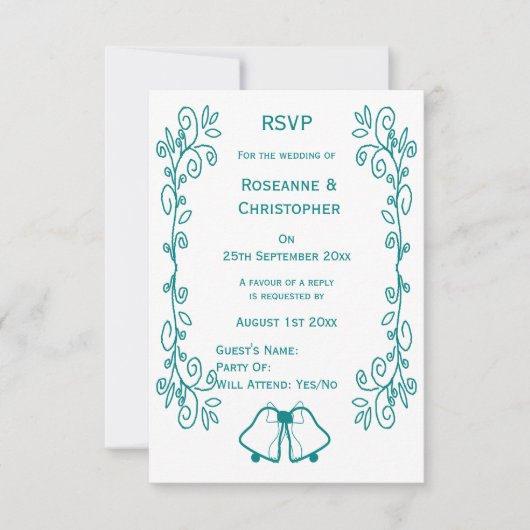 Blauwgroen Bells Scrollwork Ontwerp Wedding RSVP Kaartje (Voorkant)