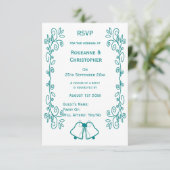 Blauwgroen Bells Scrollwork Ontwerp Wedding RSVP Kaartje (Staand voorkant)
