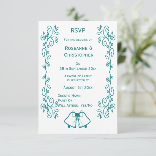 Blauwgroen Bells Scrollwork Ontwerp Wedding RSVP Kaartje (Staand voorkant)