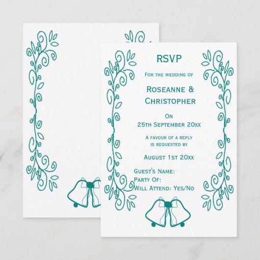 Blauwgroen Bells Scrollwork Ontwerp Wedding RSVP Kaartje (Voorkant / Achterkant)