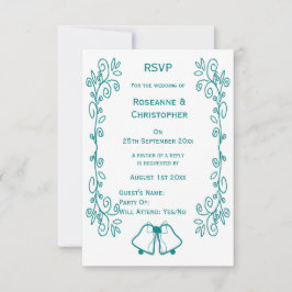 Blauwgroen Bells Scrollwork Ontwerp Wedding RSVP Kaartje