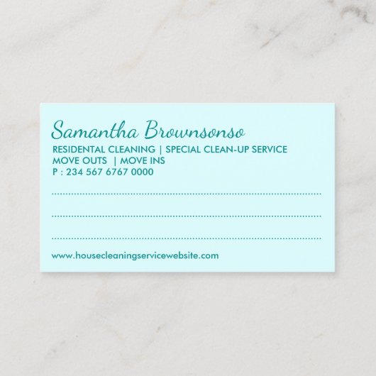 Blauwgroen benoeming van Janitorial Lady Cleaning Visitekaartje (Achterkant)
