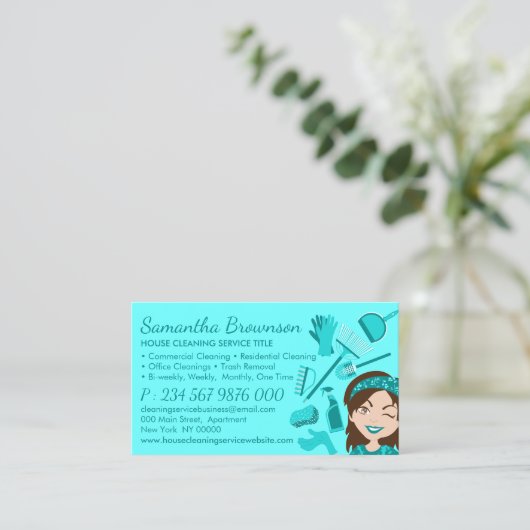 Blauwgroen benoeming van Janitorial Lady Cleaning Visitekaartje (Staand voorkant)