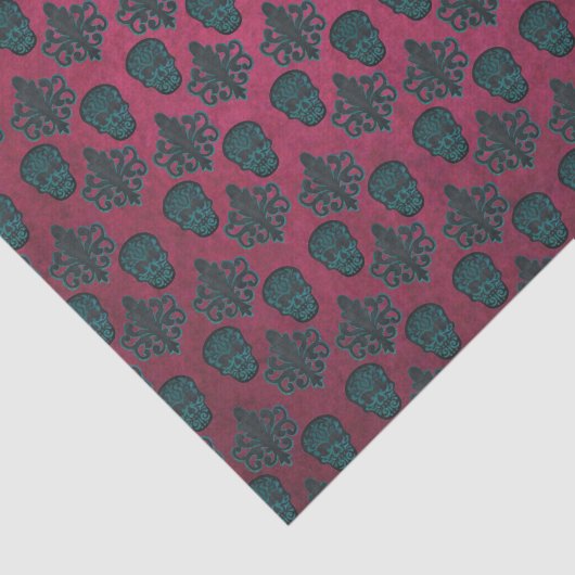 Blauwgroen beschadiging en schedels op getextureer tissuepapier (Detail)