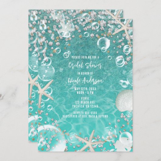 Blauwgroen Betoverd Zee Zeester & Bubbels Bruids Kaart (Voorkant / Achterkant)