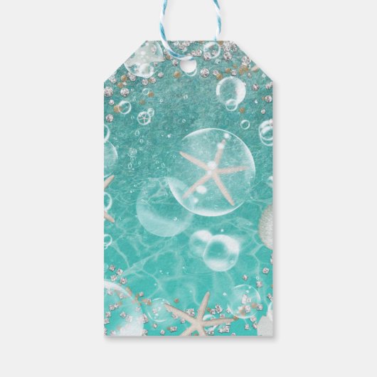 Blauwgroen betoverd Zee zeesterren & bubbels feest Cadeaulabel (Achterkant)