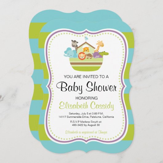 Blauwgroen, beugel Noah's Ark Baby shower Uitnodig Kaart (Voorkant / Achterkant)