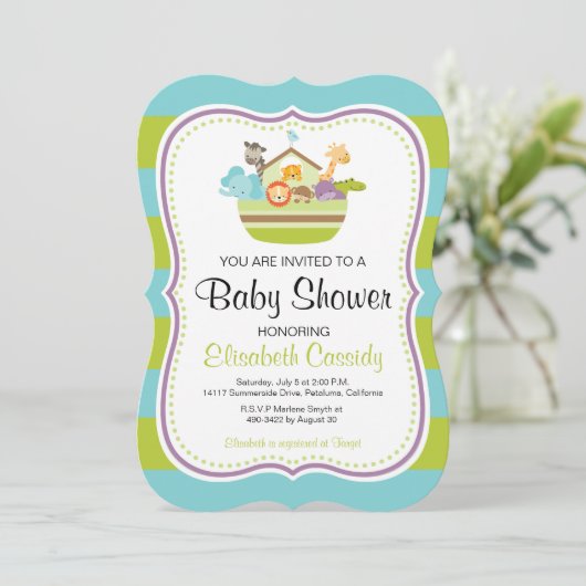 Blauwgroen, beugel Noah's Ark Baby shower Uitnodig Kaart (Staand voorkant)