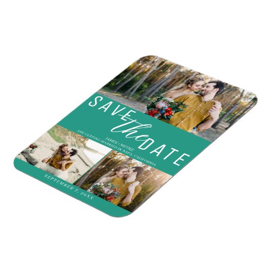 Blauwgroen Bewaar de datum Bruiloft 3 foto's Magneet (Linkerzijde)