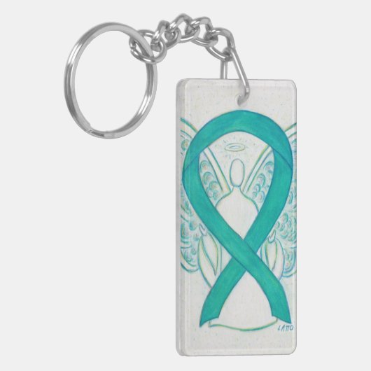 Blauwgroen bewustmakingsketen Ribbon Angel Sleutelhanger (Voorkant Links)