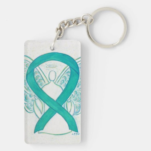 Blauwgroen bewustmakingsketen Ribbon Angel Sleutelhanger (achterkant)