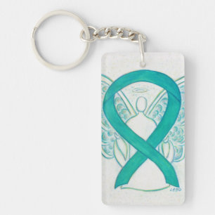 Blauwgroen bewustmakingsketen Ribbon Angel Sleutelhanger