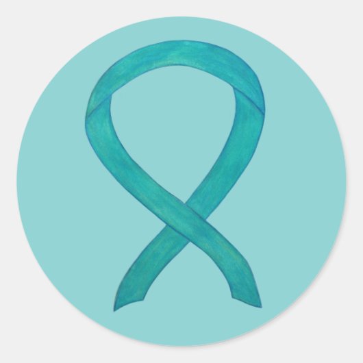 Blauwgroen bewustmakingsribbon aangepaste decorati ronde sticker (Voorkant)