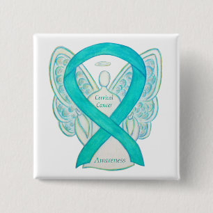 Blauwgroen bewustzijn van baarmoederhalskanker Rib Vierkante Button 5,1 Cm