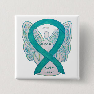 Blauwgroen bewustzijn voor ovariumkanker Ribbon An Vierkante Button 5,1 Cm