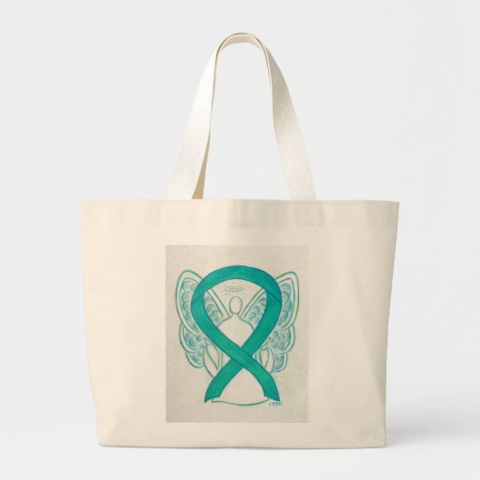Blauwgroen Bewustzijnslint Custom Art Canvas tas (Voorkant)