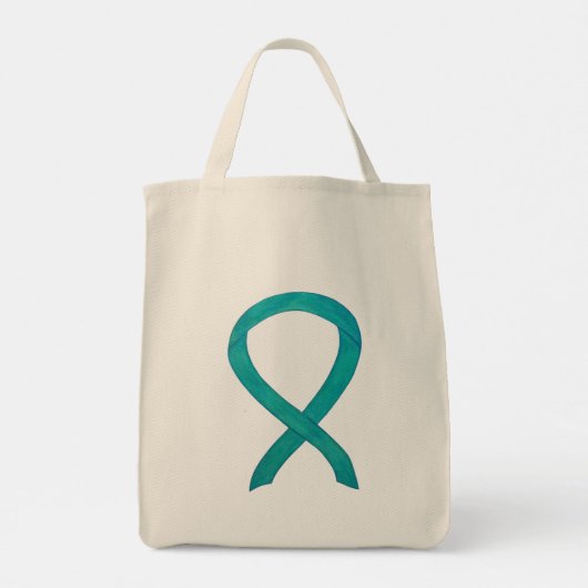 Blauwgroen Bewustzijnslint Custom Art Canvas tas (Achterkant)