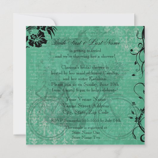 Blauwgroen Bicycle Bridal Shower Uitnodiging (Achterkant)