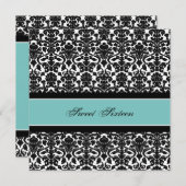 Blauwgroen Black Damask 16e Birthday Party-uitnodi Kaart (Voorkant / Achterkant)