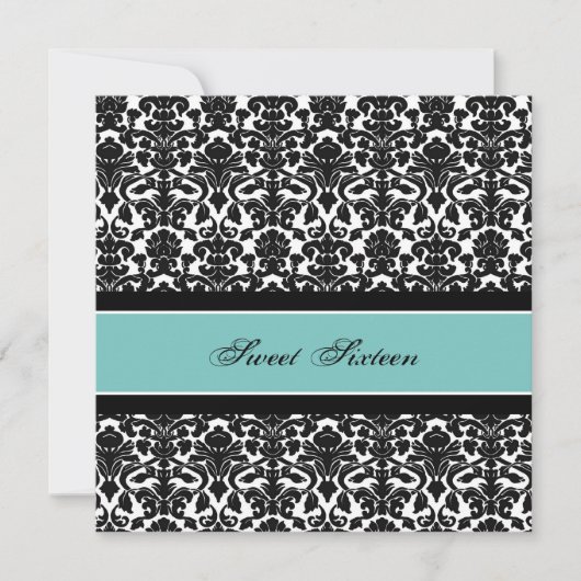 Blauwgroen Black Damask 16e Birthday Party-uitnodi Kaart (Voorkant)