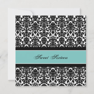 Blauwgroen Black Damask 16e Birthday Party-uitnodi Kaart
