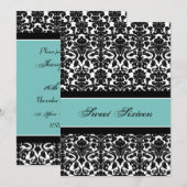 Blauwgroen Black Damask 16e Birthday Party-uitnodi Kaart (Voorkant / Achterkant)