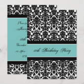 Blauwgroen Black Damask 18e Birthday Party-uitnodi Kaart (Voorkant / Achterkant)