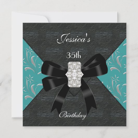 Blauwgroen Black Damask Black Invitation Silver 35 Kaart (Voorkant)