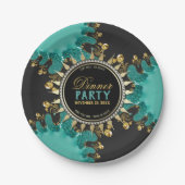 Blauwgroen Black Gold Fractal Swirl Dinner Party Papieren Bordje (Voorkant)