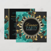 Blauwgroen Black Gold Fractal Swirl Dinner Party U Kaart (Voorkant / Achterkant)