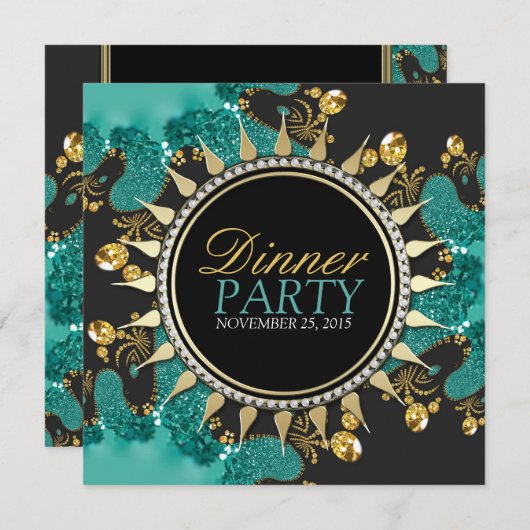 Blauwgroen Black Gold Fractal Swirl Dinner Party U Kaart (Voorkant / Achterkant)