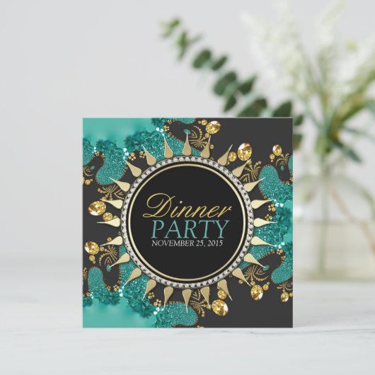 Blauwgroen Black Gold Fractal Swirl Dinner Party U Kaart (Staand voorkant)