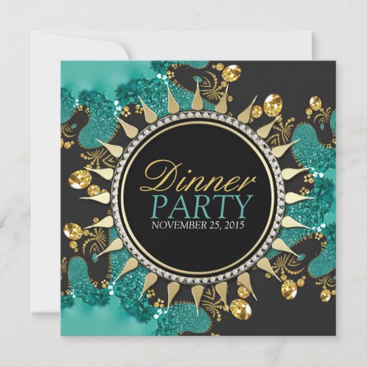 Blauwgroen Black Gold Fractal Swirl Dinner Party U Kaart (Voorkant)