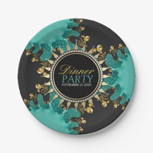 Blauwgroen Black Gold Fractal Swirl Dinner Party U Papieren Bordje