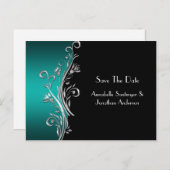 Blauwgroen Black Silver Swirls Sla de datum op Aankondigingskaart (Voorkant / Achterkant)