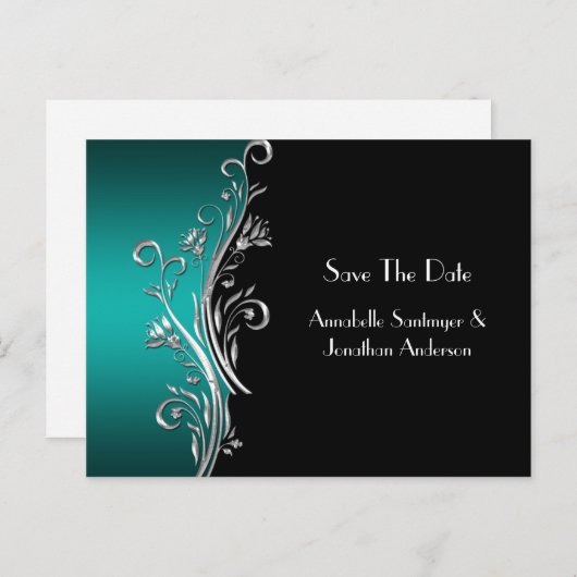 Blauwgroen Black Silver Swirls Sla de datum op Aankondigingskaart (Voorkant / Achterkant)