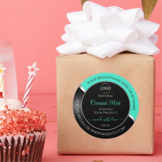 Blauwgroen Black Wavy Silver met Logo-productetike Ronde Sticker (Feest)