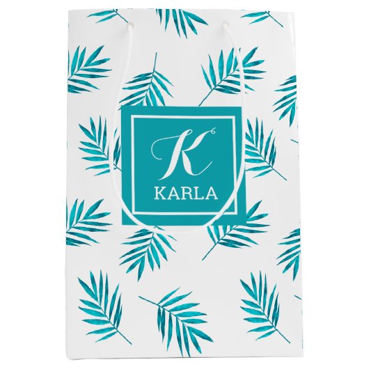 Blauwgroen bladpatroon medium cadeauzakje (Voorkant)