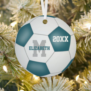 blauwgroen blanke jongens schoolteam kleuren voetb metalen ornament
