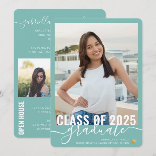 Blauwgroen blauw Afstuderen Foto Open House Invisi Aankondiging (Voorkant / Achterkant)