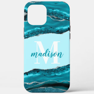 Blauwgroen blauw agaat met zilveren glitter-monogr Case-Mate iPhone case