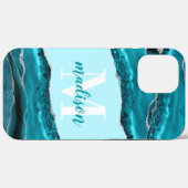 Blauwgroen blauw agaat met zilveren glitter-monogr Case-Mate iPhone case (Achterkant (horizontaal))