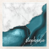 Blauwgroen blauw Agate Handtekening Witte marmer S Glazen Onderzetter (Voorkant)