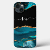 Blauwgroen blauw agate monogram script Stone Gold Case-Mate iPhone Case (Achterkant)