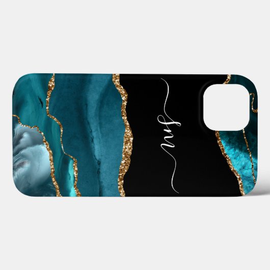 Blauwgroen blauw agate monogram script Stone Gold  Case-Mate iPhone Case (Achterkant (horizontaal))