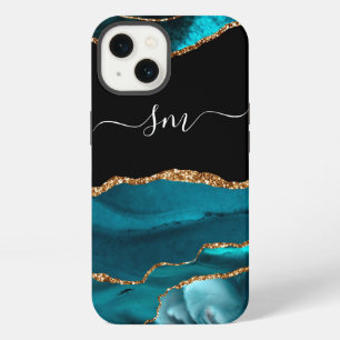 Blauwgroen blauw agate monogram script Stone Gold iPhone 13 Hoesje