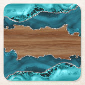 Blauwgroen blauw Agate Stone Silver Teak wood Kijk Kartonnen Onderzetters (Voorkant)